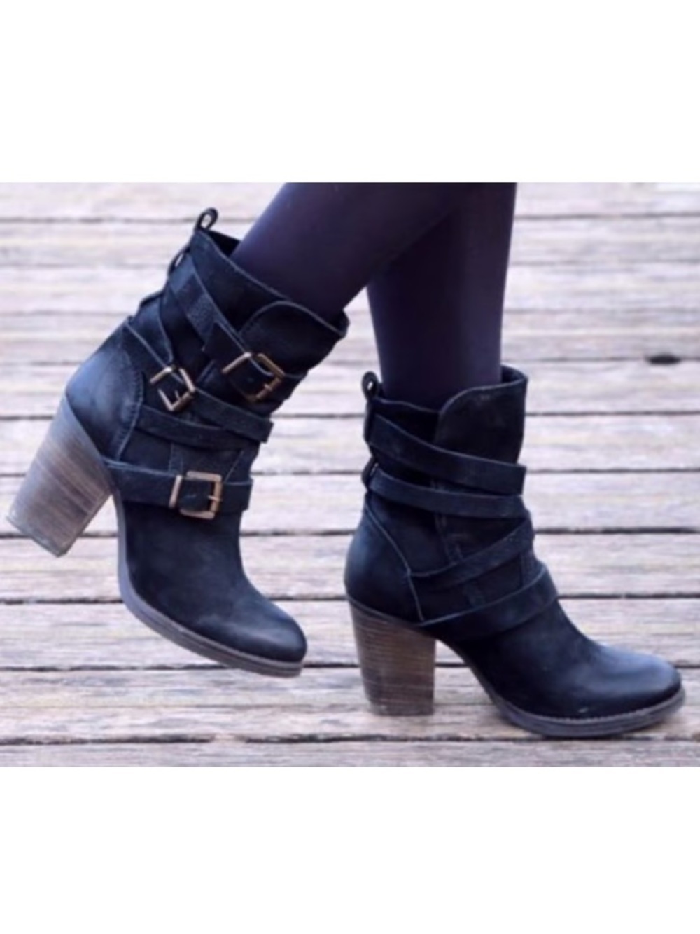 Steve Madden Black Leather Yale Belted Moto Block Heel Boots Size 10